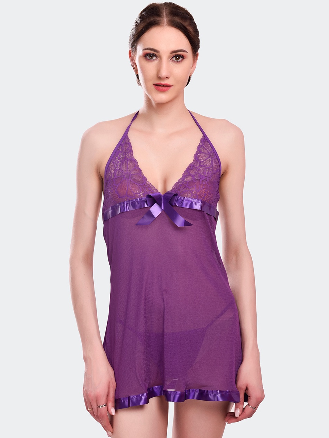 

Fleurt Women Purple Halter Neck Baby Doll