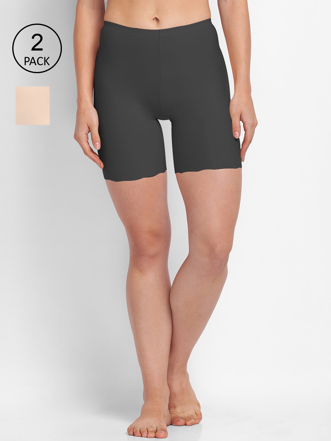 FashionRack Women Pack of 2 Beige & Black Solid Mid Rise Boyshorts 6035_BS