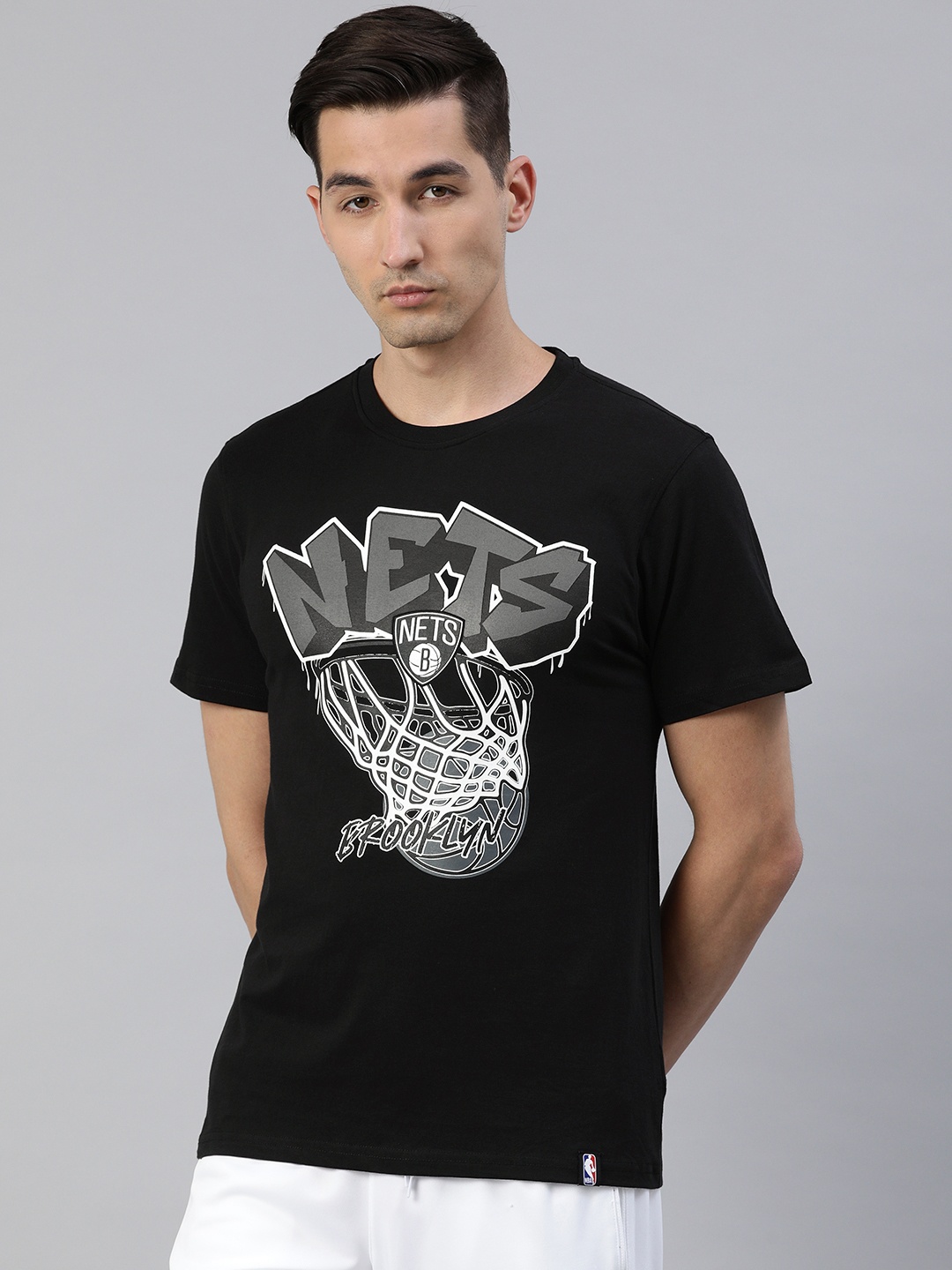 

NBA Men Black Brooklyn Nets Typeface Drip Printed Basketball T-shirt