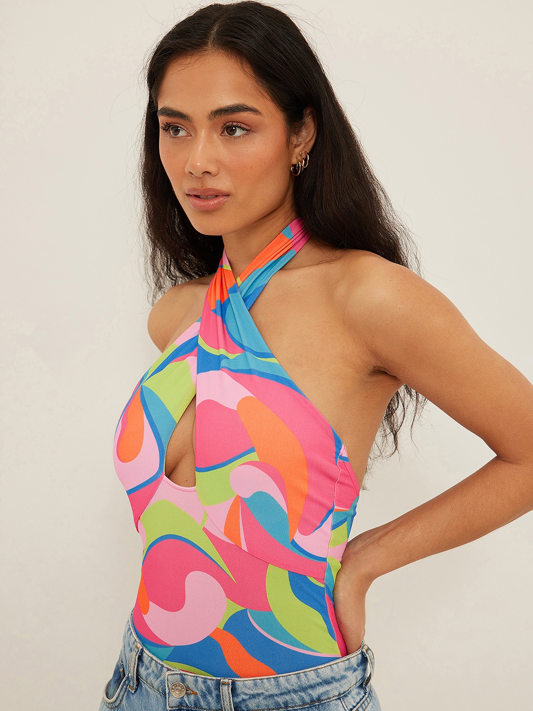 

NA-KD Women Pink & Blue Printed Cut-Out Detail Bodysuit