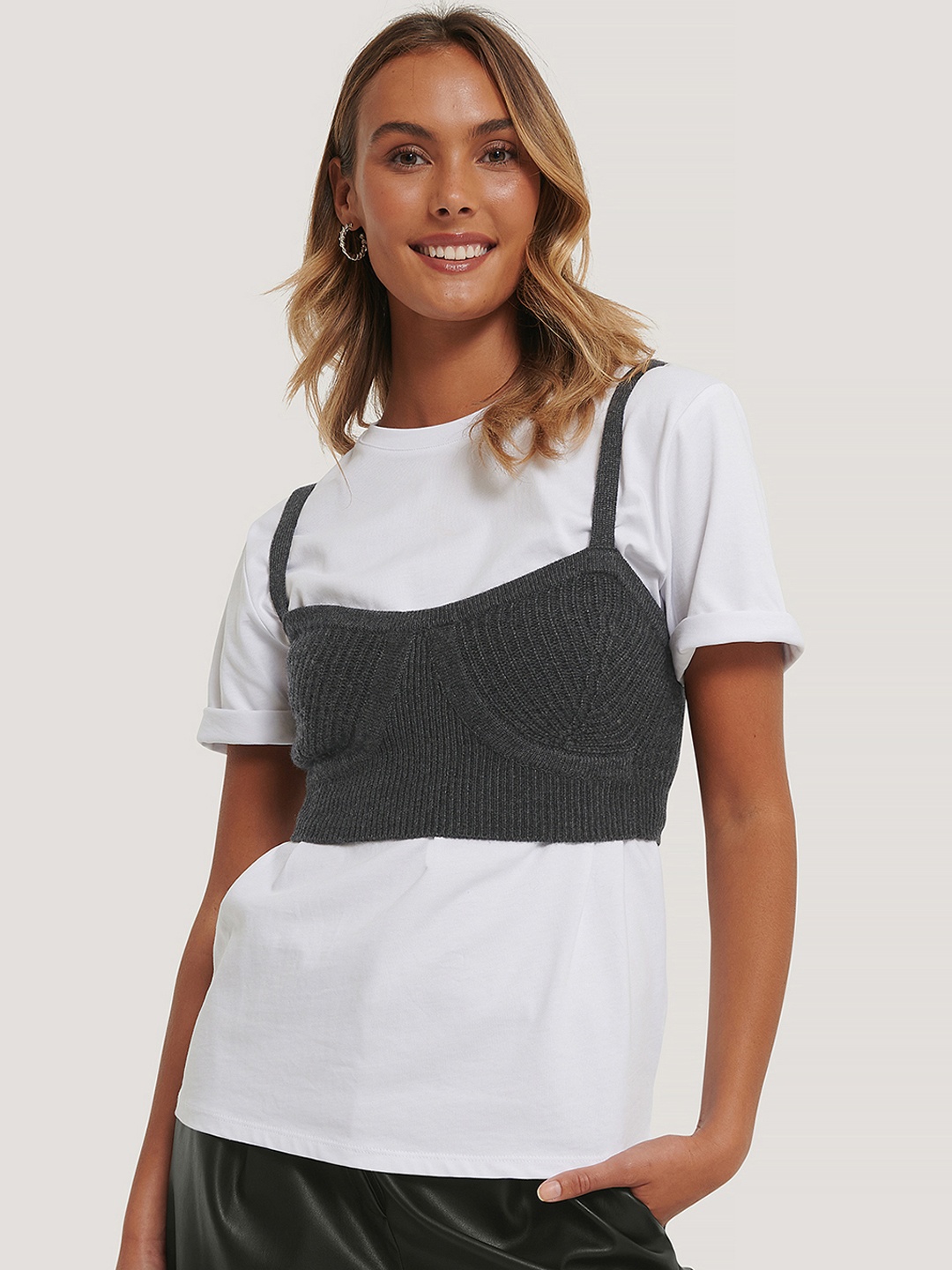 

NA-KD Women Charcoal Grey Self Design Top