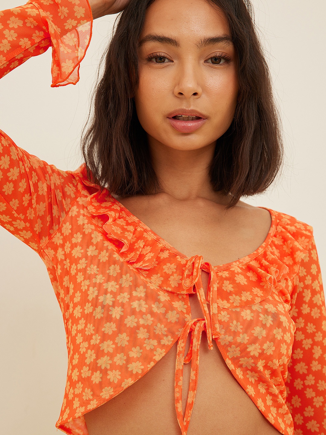 

NA-KD Women Orange Floral Print Tie-Up Neck Top