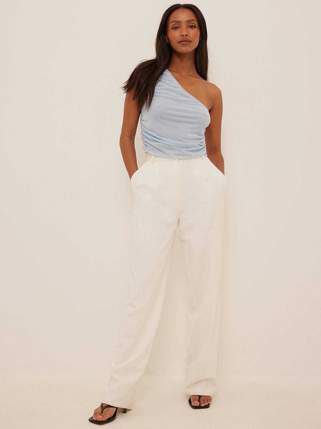 

NA-KD Women Blue Solid Lace One Shoulder Top