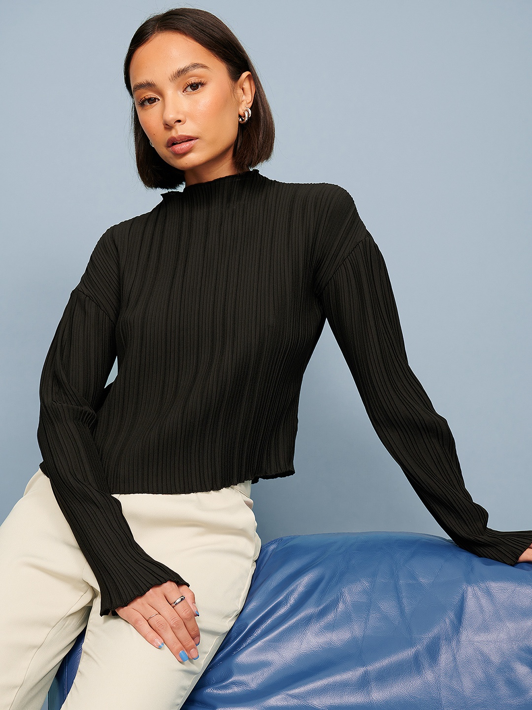 

NA-KD Women Black Self Striped Top
