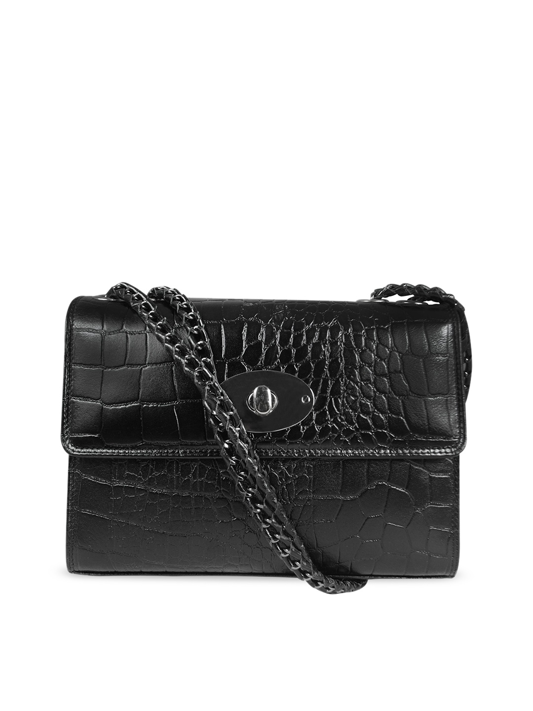 

CALFNERO Black Textured Genuine Leather Structured Sling Bag