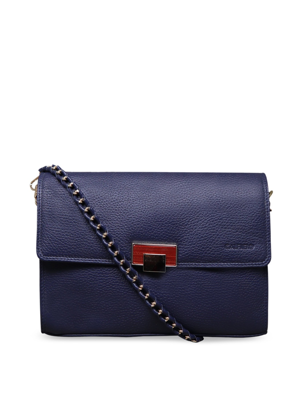 

CALFNERO Navy Blue Leather Structured Sling Bag