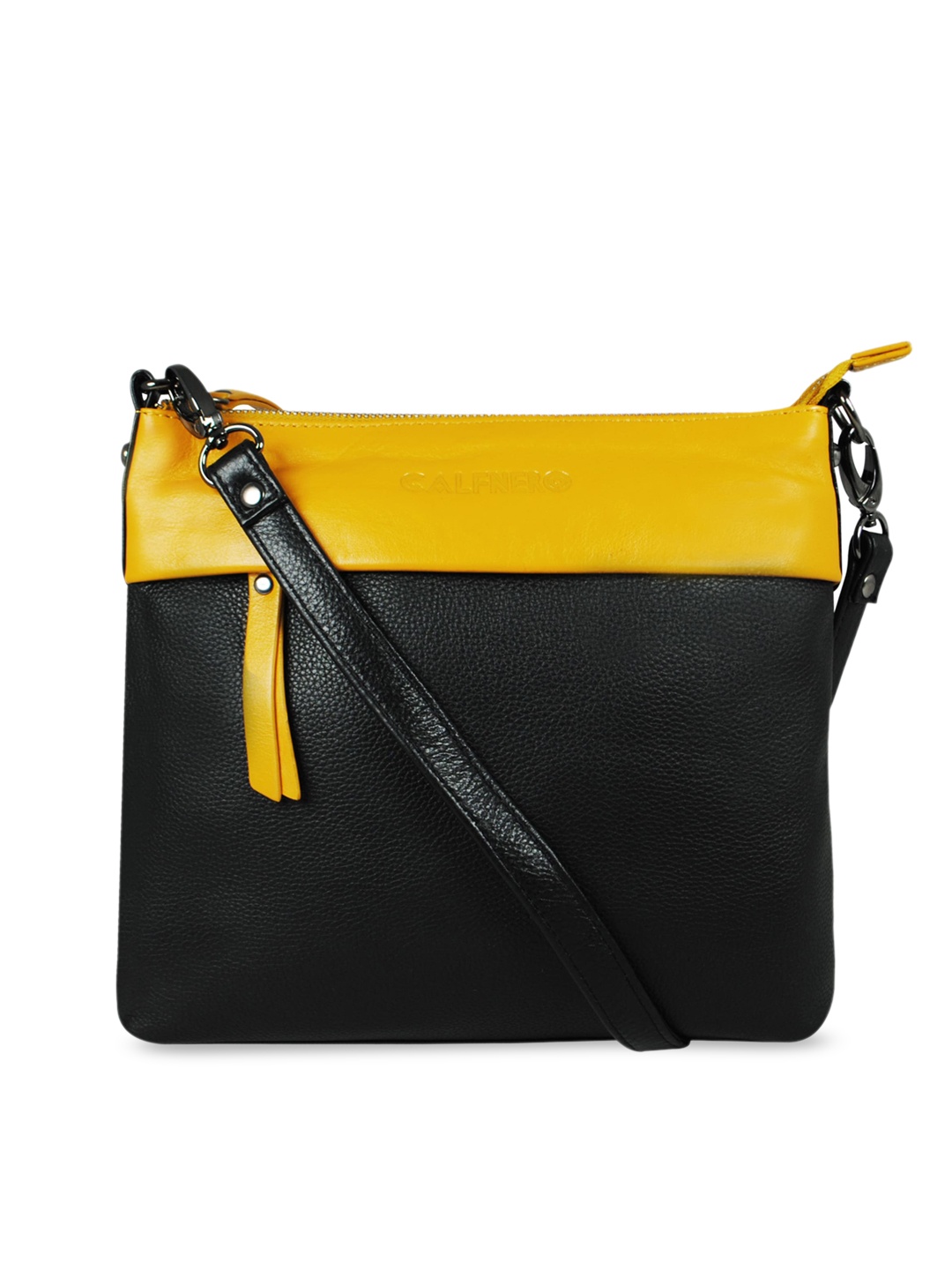 

CALFNERO Women Black & Yellow Colourblocked Leather Structured Sling Bag