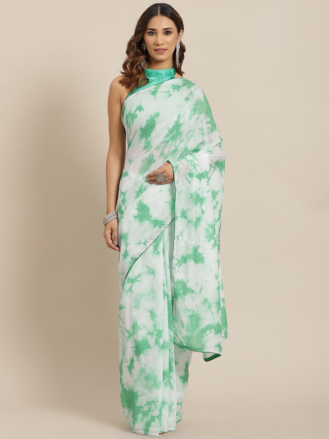 

Saree mall White & Green Tie and Dye Sarees