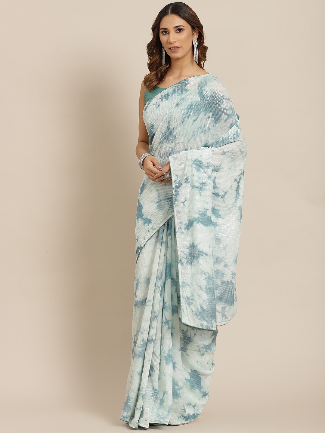 

Saree mall Teal Green & White Tie and Dye Sequinned Sarees