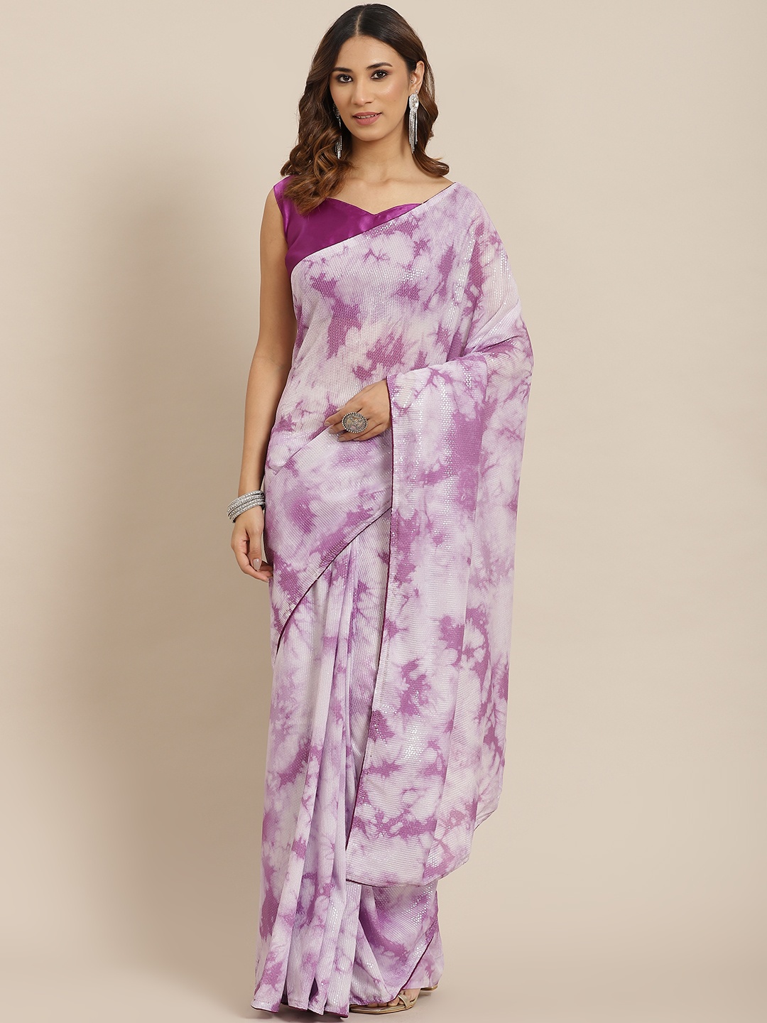 

Saree mall White & Lavender Tie and Dye Sarees