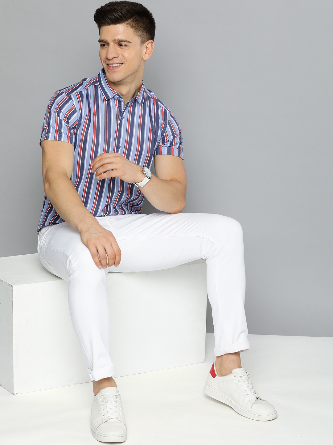 

Mast & Harbour Men Blue & Red Pure Cotton Classic Fit Striped Casual Shirt