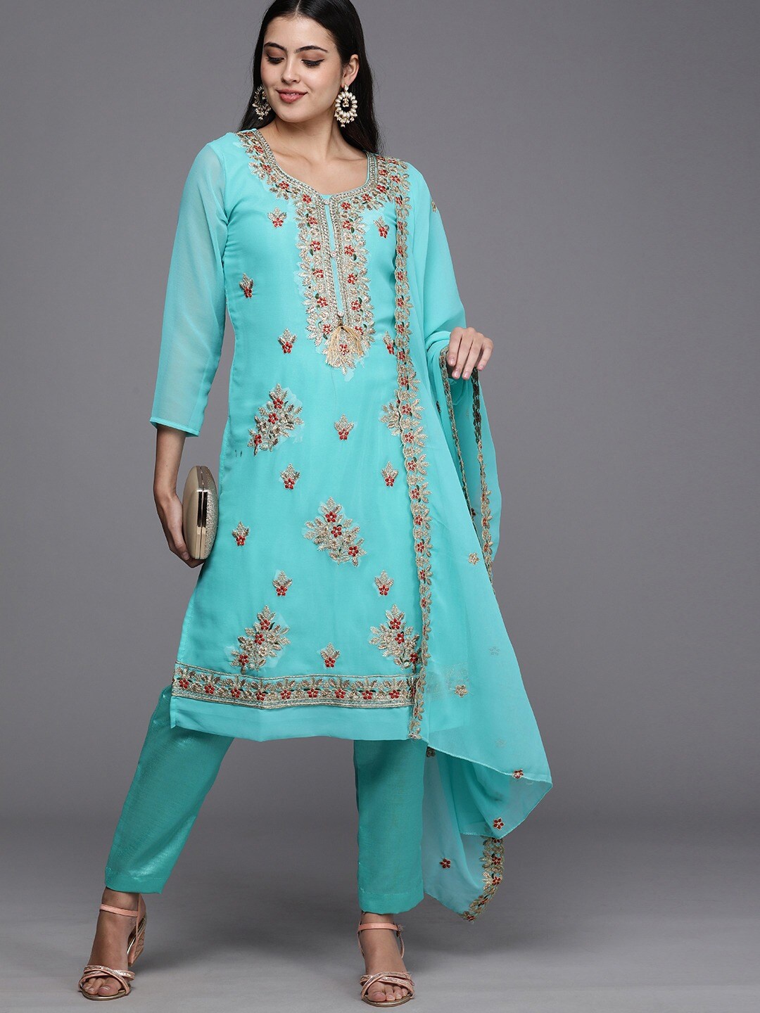 

KALINI Blue & Red Embroidered Unstitched Dress Material