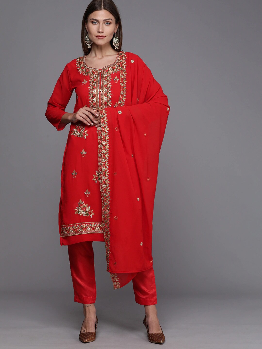 

KALINI Red & Gold-Toned Embroidered Unstitched Dress Material