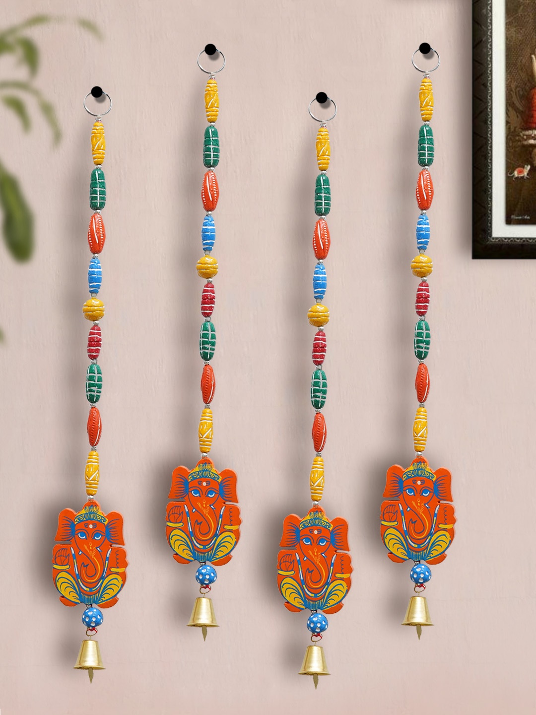 

TIED RIBBONS Set of 4 Orang & Yellow Ganesha Wall Door Hangings Toran, Rose gold