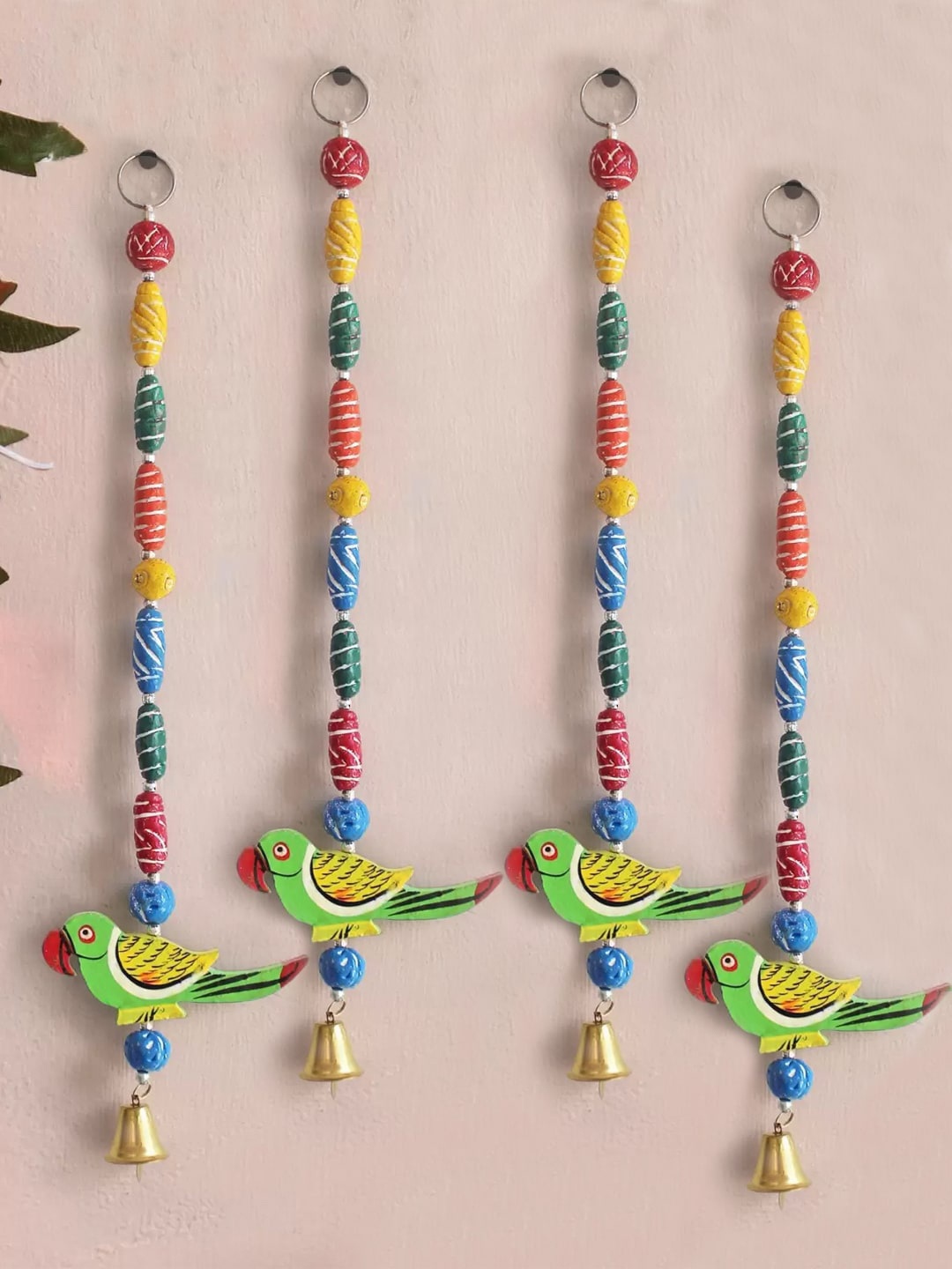 

TIED RIBBONS Green& Red Set of 4 Parrot Bamboo-Wood Wall Door Hangings Toran Latkan