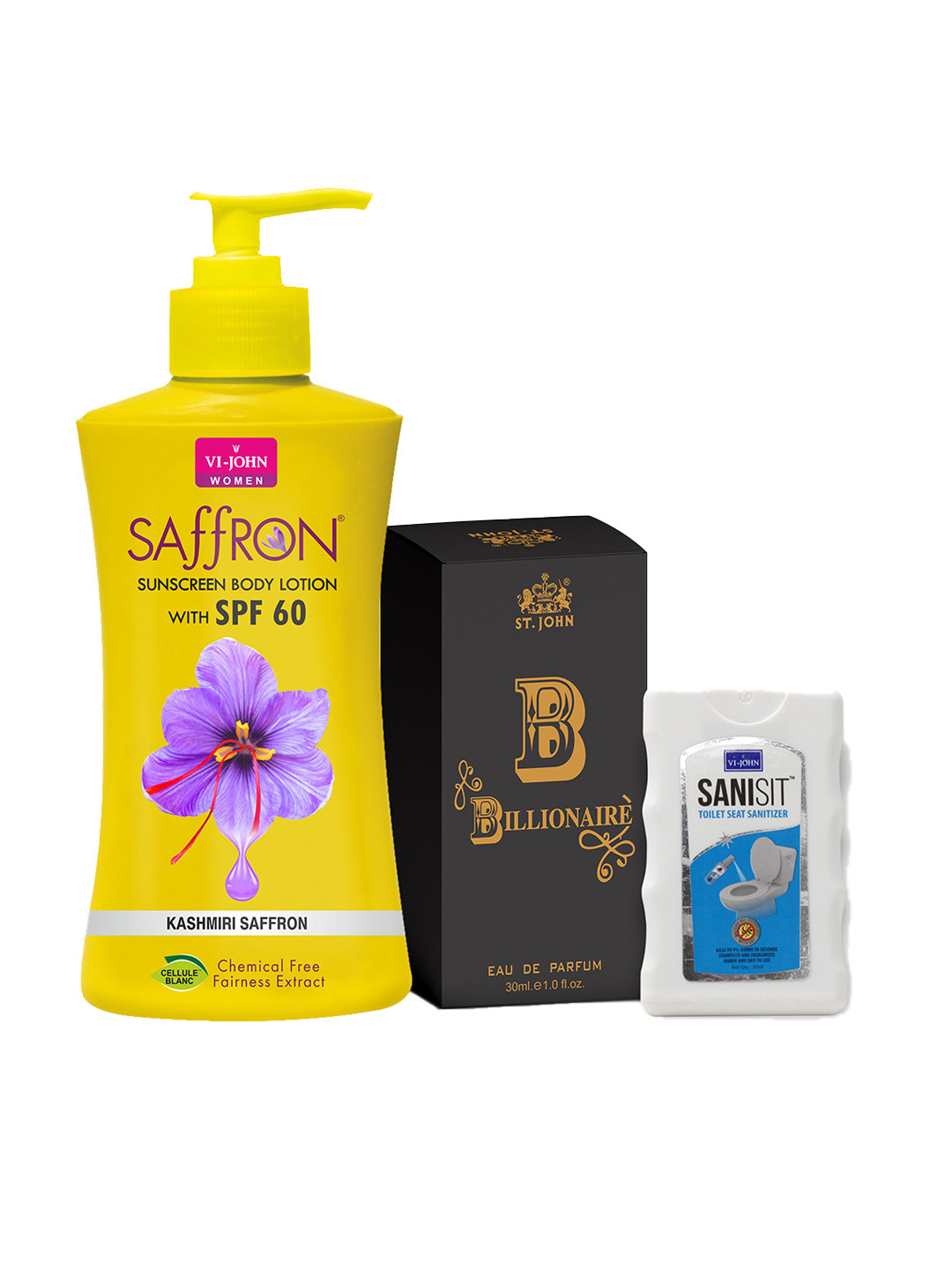 

VI-JOHN Billionaire Perfume SPF 60 Sunscreen Lotion & Sanisit Beauty Gift Set, Yellow