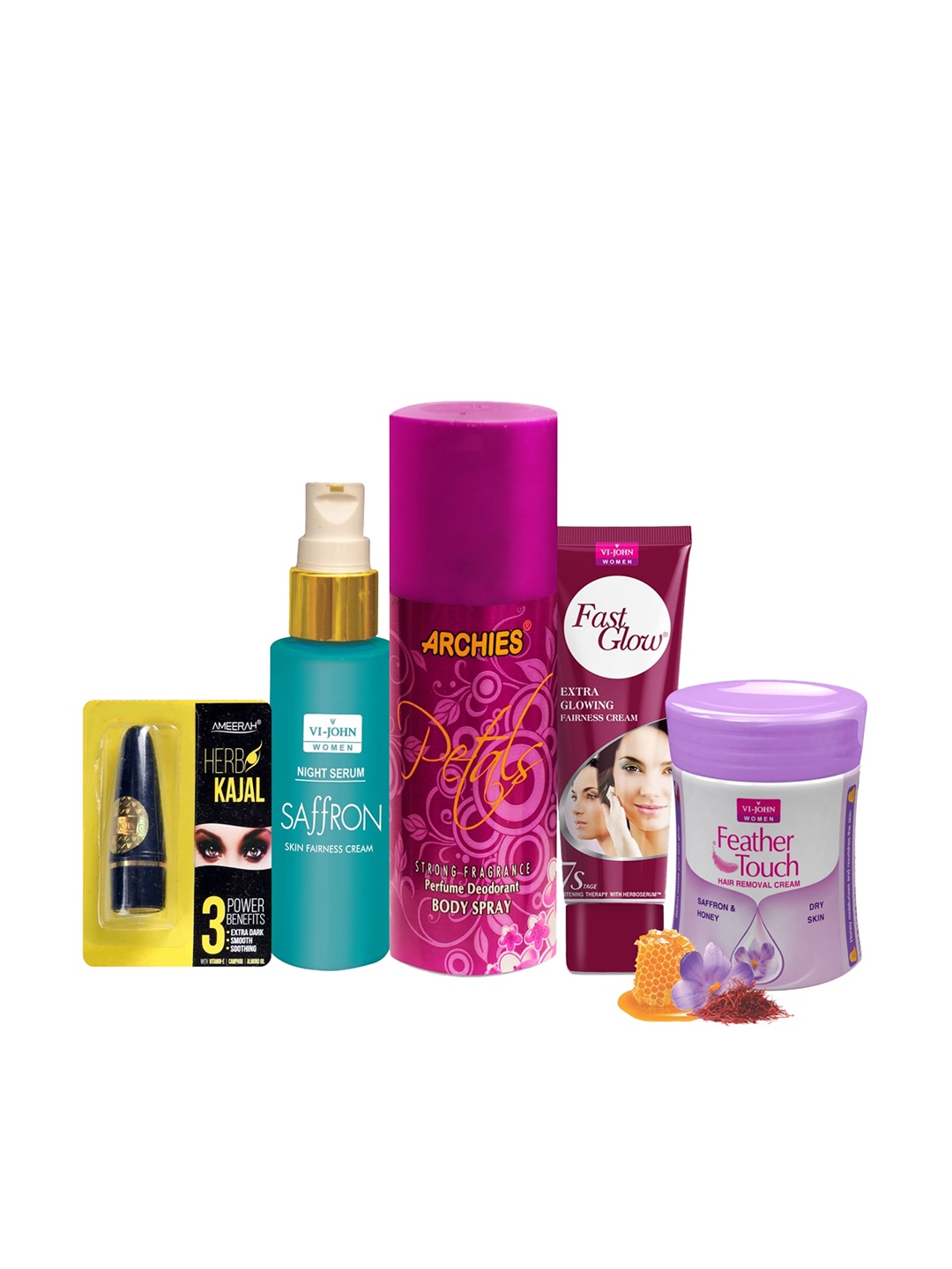 

VI-JOHN Saffron & Hair Removal Cream,Fast Glow,Face Serum Deo & Kajal Beauty Gift Set, Multi