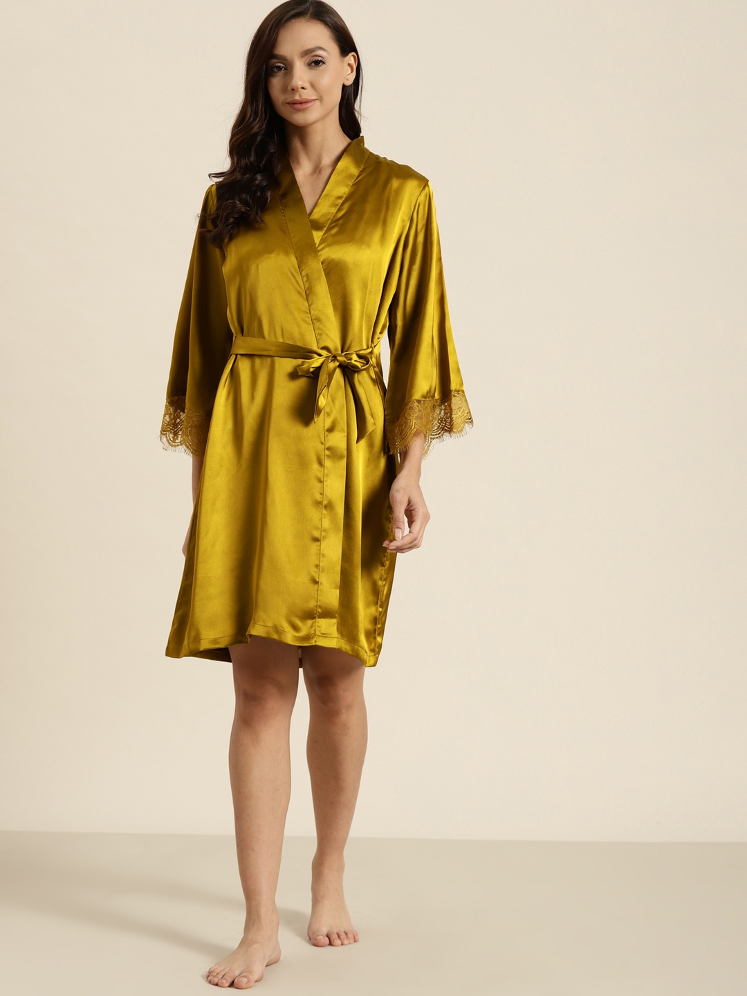 

ADORENITE Copper-Toned Lace Detail Satin Finish Nightdress with Robe