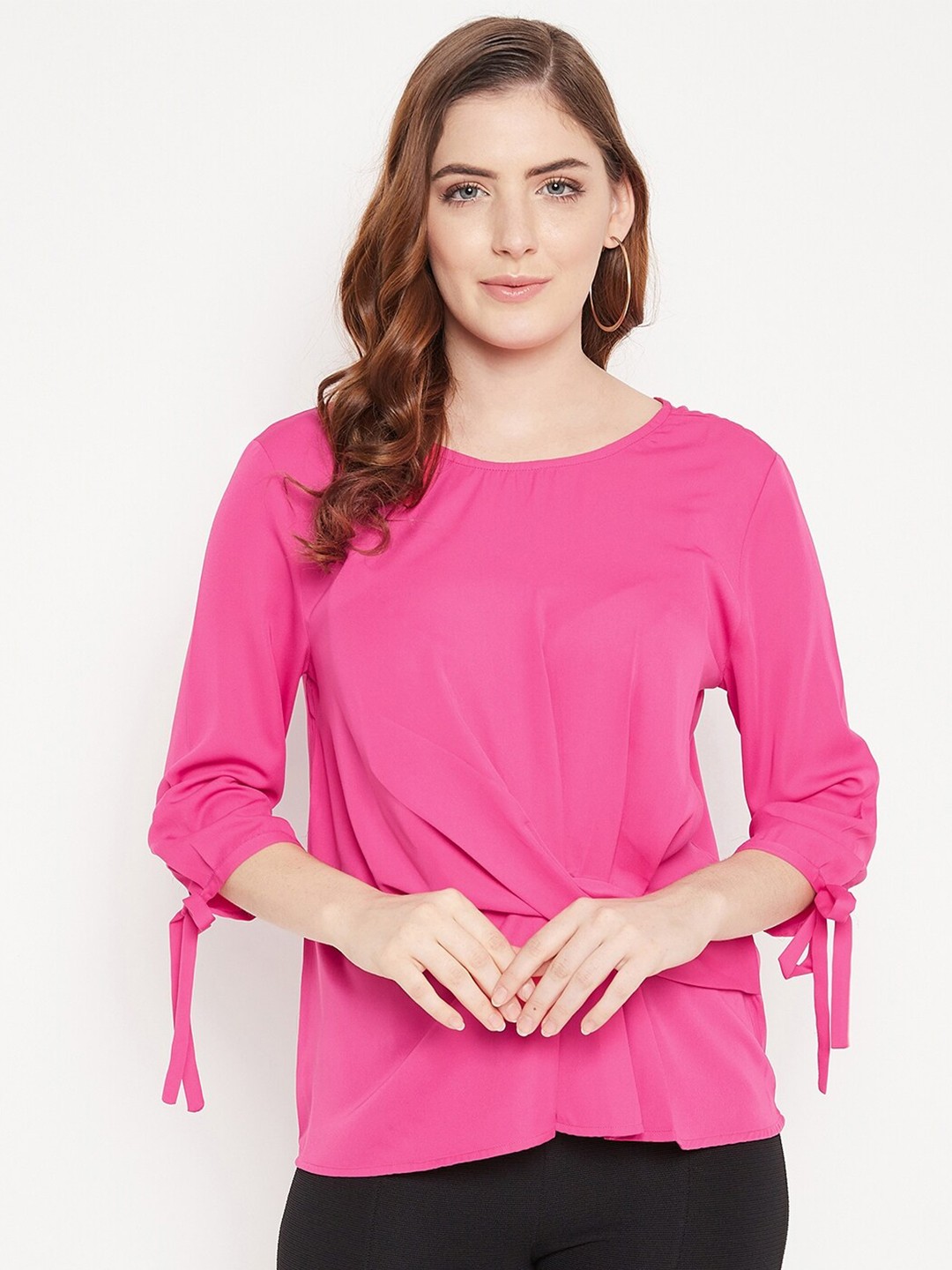 

Madame Pink Solid Tie-Up Sleeves Twisted Top