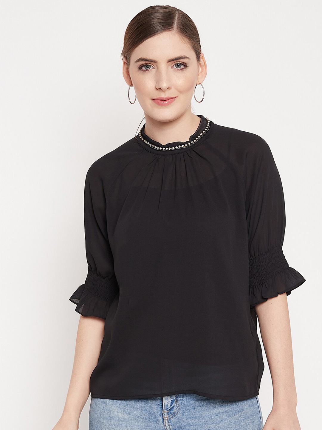 

Madame Women Black Jewel Neck Monochrome Top