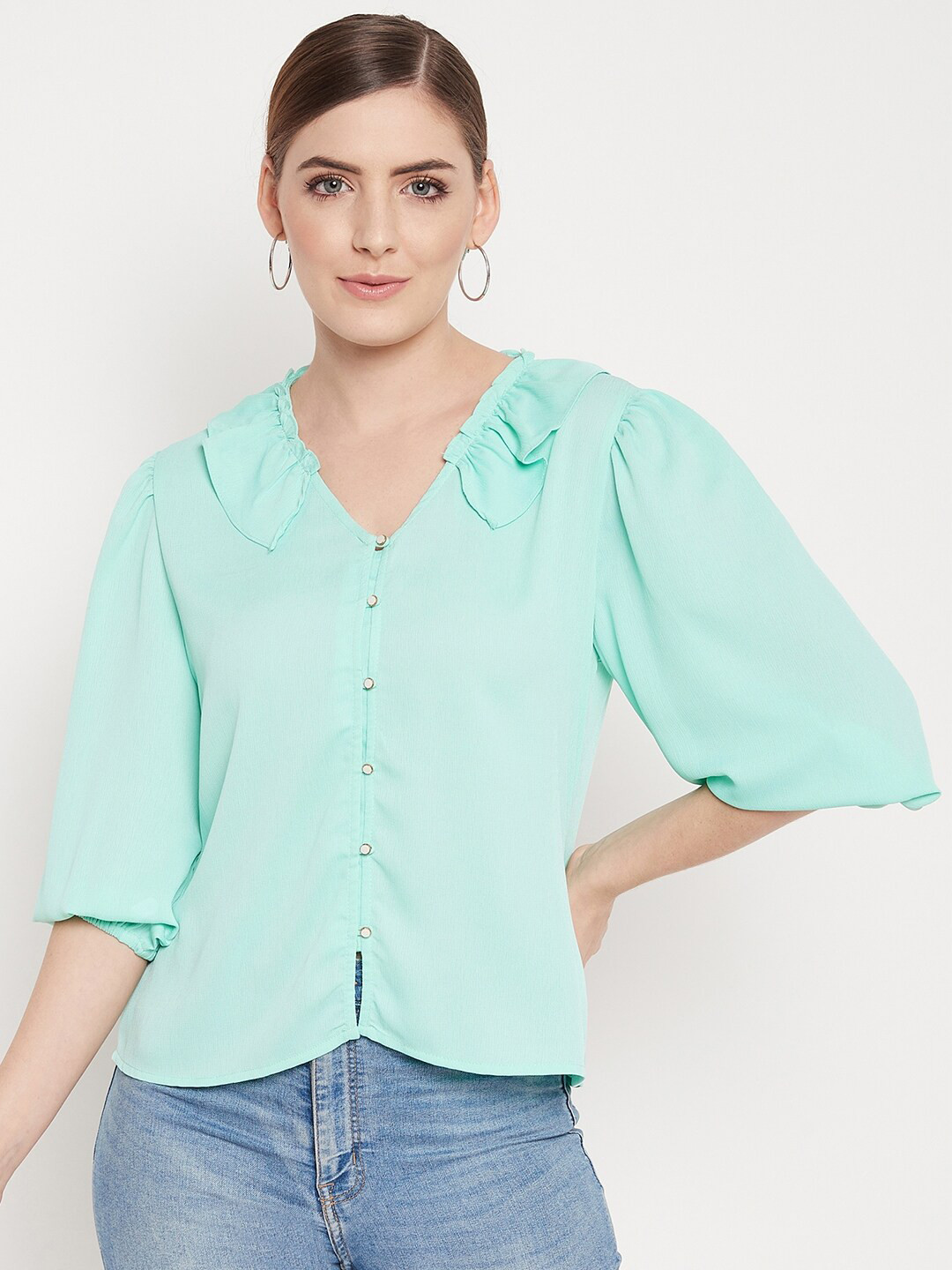 

Madame Women Green Solid Shirt Style Top