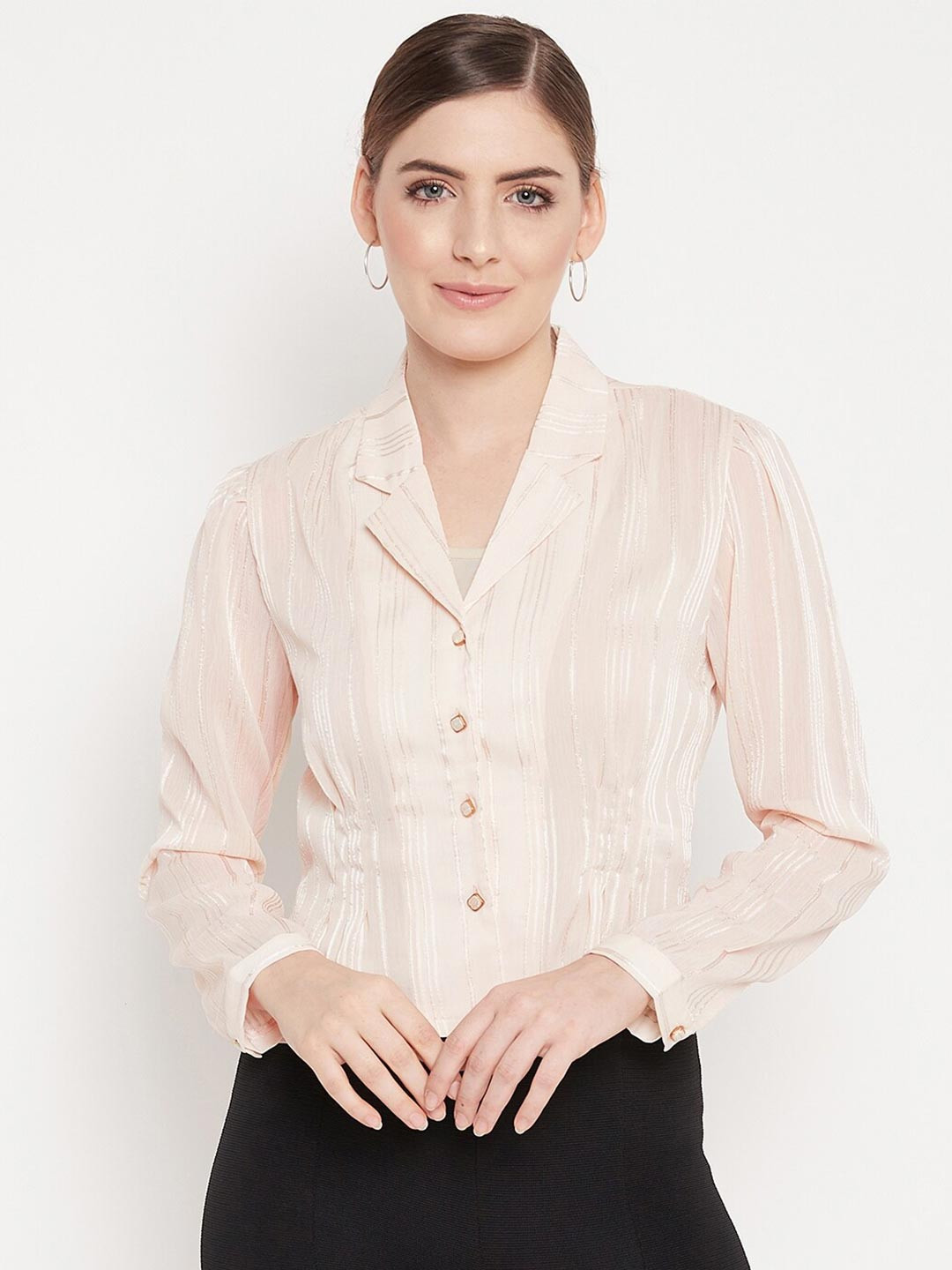 

Madame Women Beige Striped Shirt Style Top