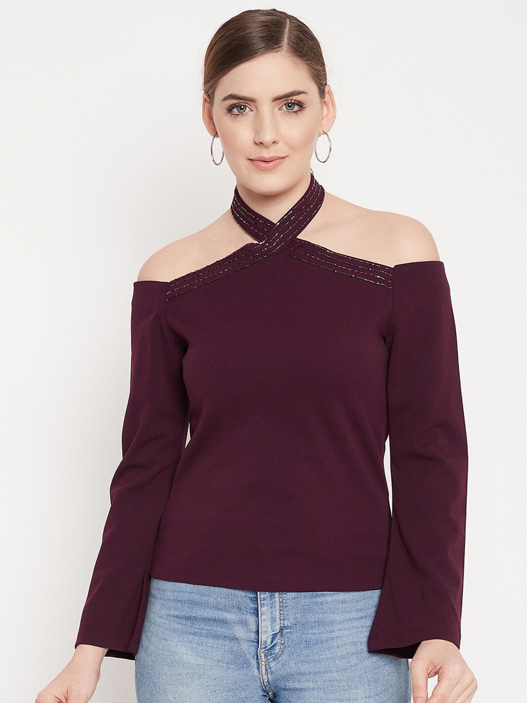 

Madame Women Burgundy Solid Off-Shoulder Top