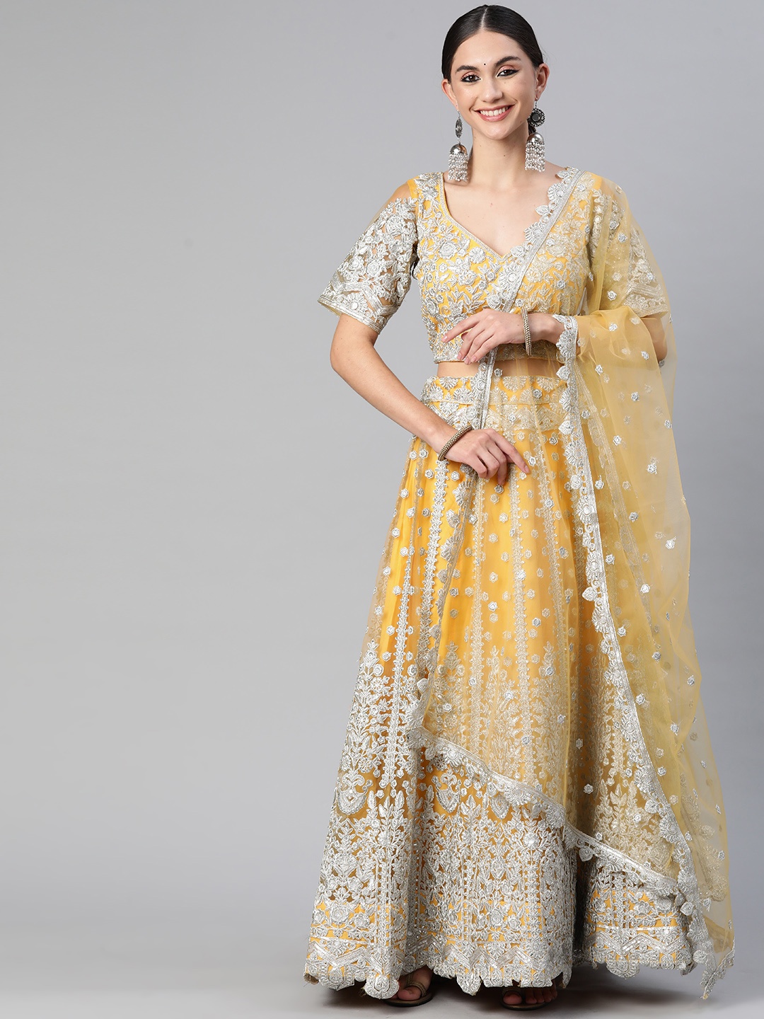 

Readiprint Fashions Mustard Yellow & Silver Unstitched Lehenga & Blouse With Dupatta