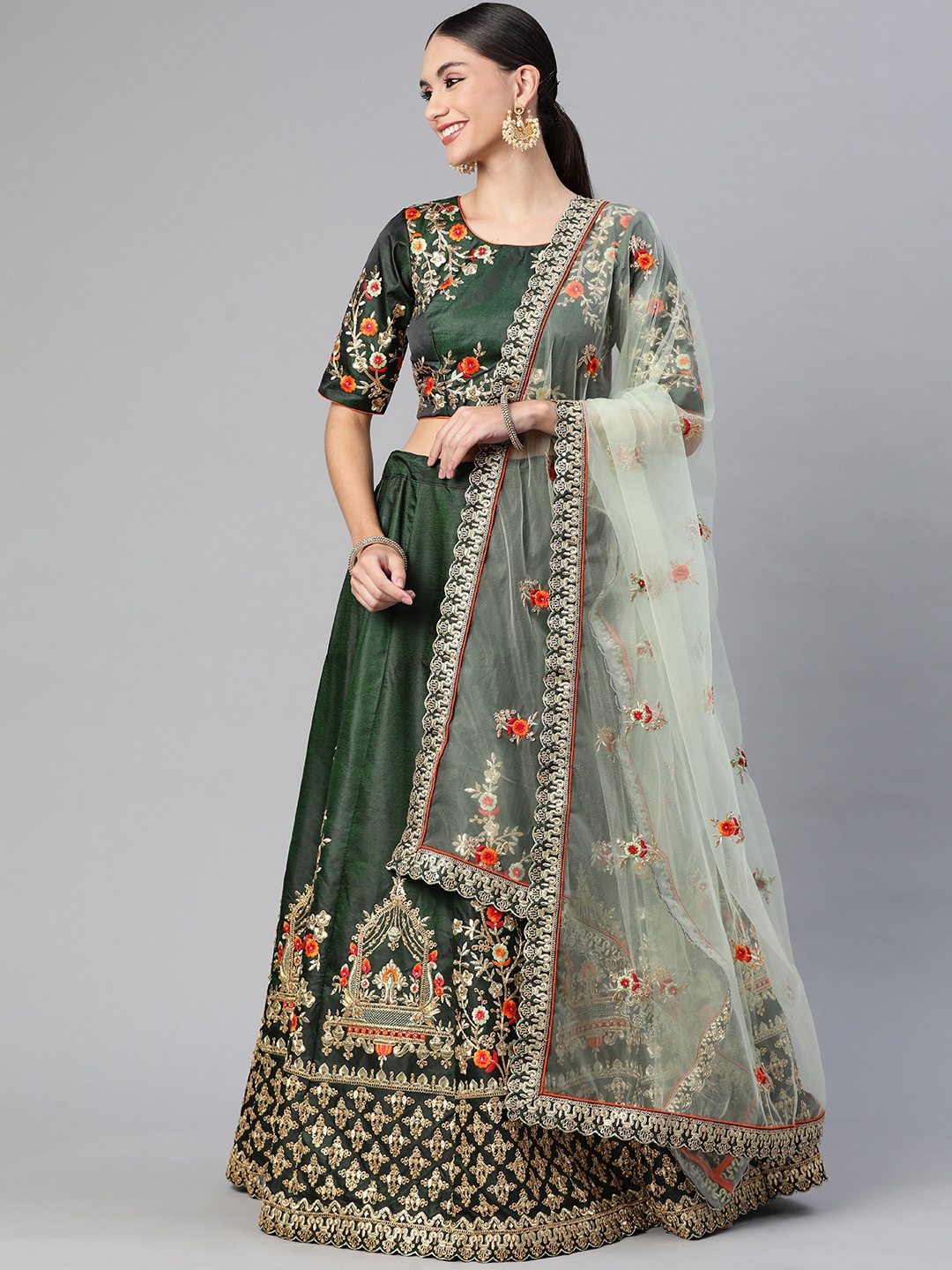 

Readiprint Fashions Green & Golden Embroidered Unstitched Lehenga & Blouse With Dupatta