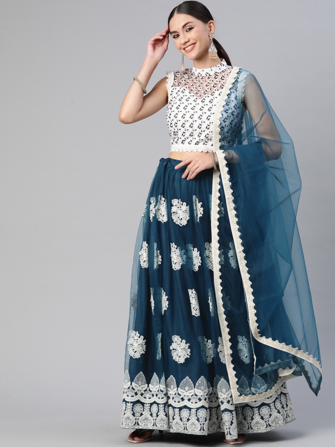

Readiprint Fashions Teal Blue & White Embroidered Unstitched Lehenga & Blouse With Dupatta