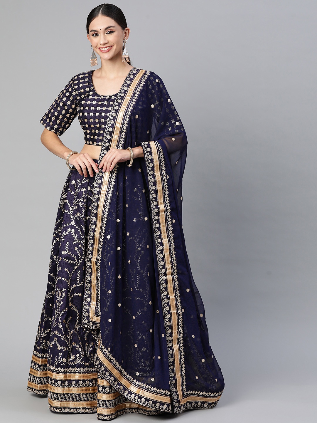 

Readiprint Fashions Navy Blue Embroidered Unstitched Lehenga & Blouse With Dupatta