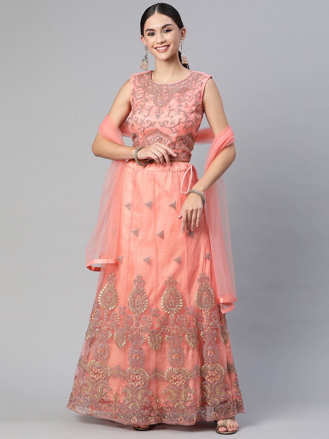 

Readiprint Fashions Peach-Coloured & Golden Embroidered Unstitched Lehenga & Blouse With