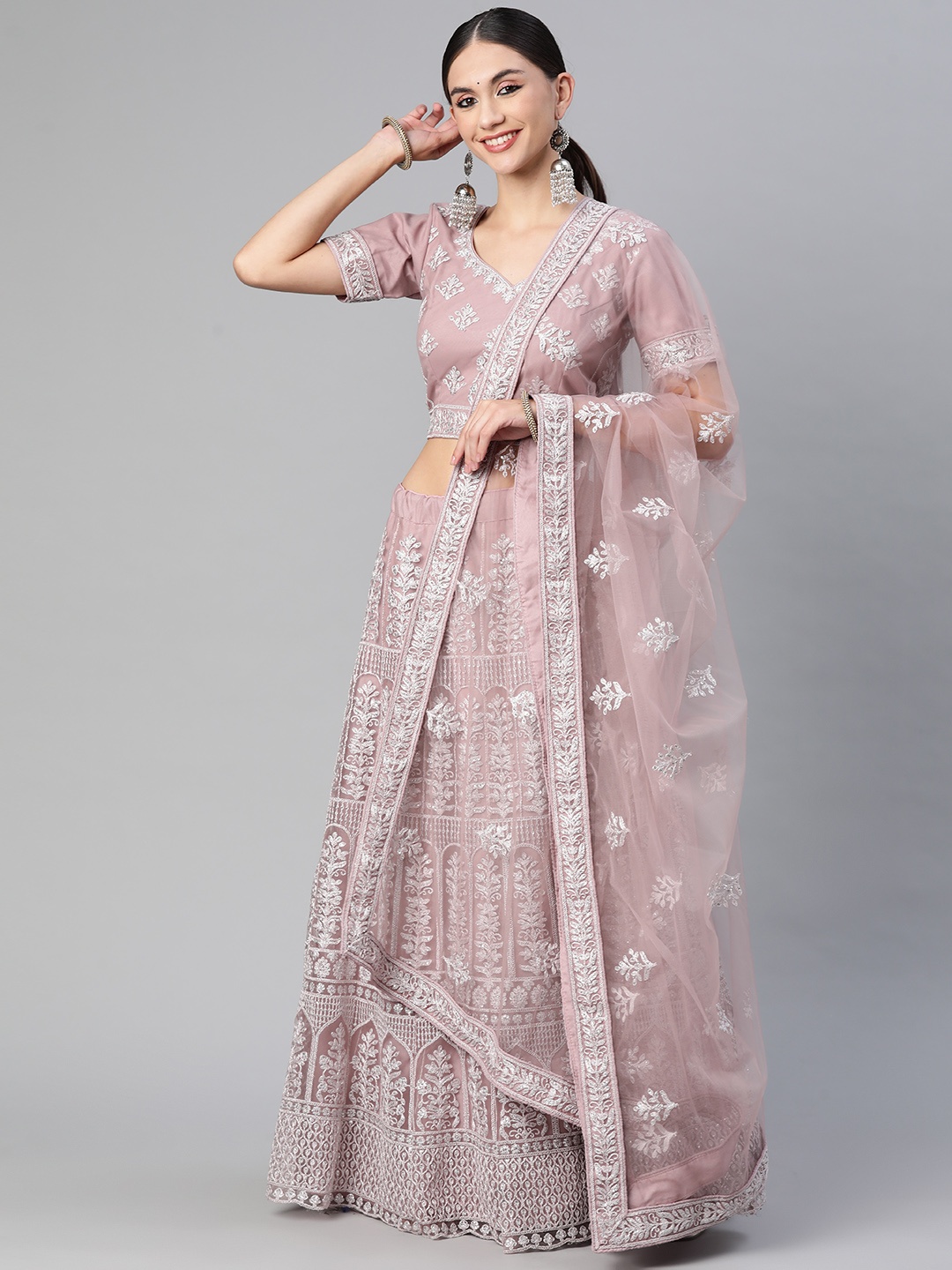

Readiprint Fashions Mauve & Silver Embroidered Unstitched Lehenga & Blouse With Dupatta