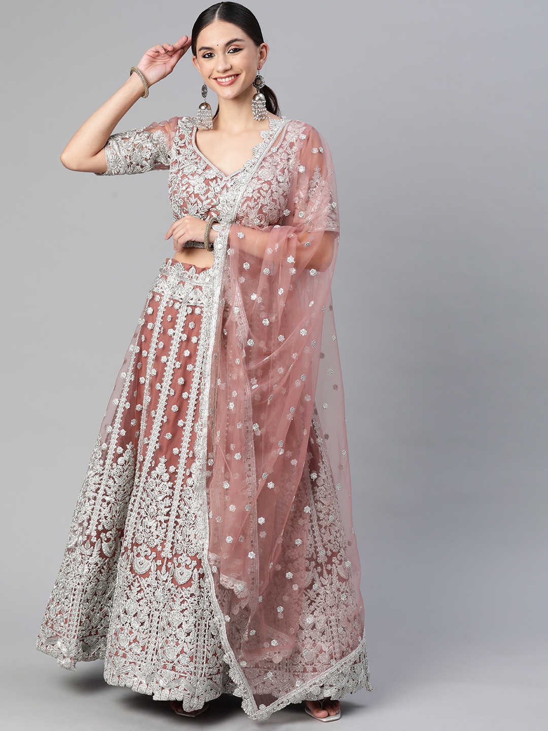 

Readiprint Fashions Mauve & Silver Embroidered Unstitched Lehenga & Blouse With