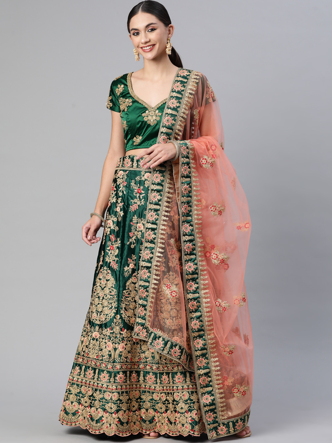 

Readiprint Fashions Green & Peach-Coloured Embroidered Unstitched Lehenga & Blouse With Dupatta