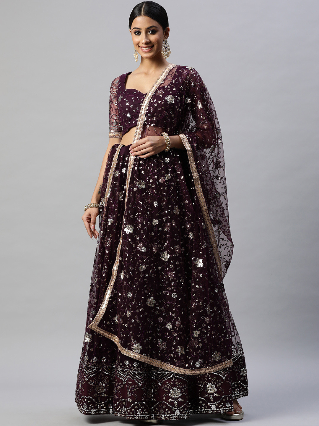 

Readiprint Fashions Burgundy & Golden Sequinned Unstitched Lehenga & Blouse With Dupatta