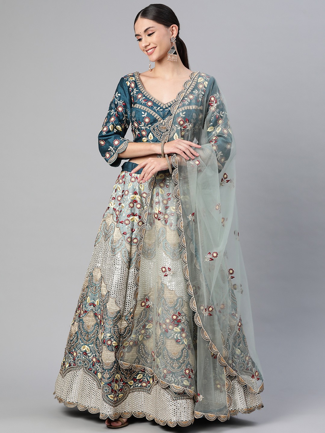 

Readiprint Fashions Blue & Golden Embroidered Unstitched Lehenga & Blouse With Dupatta