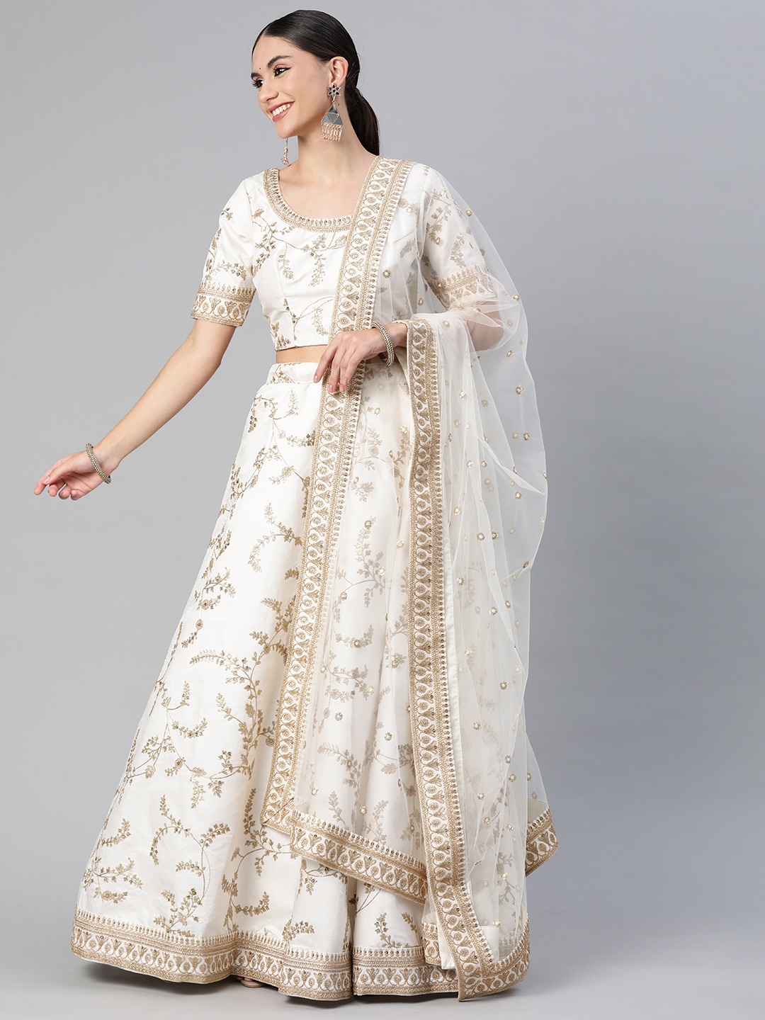 

Readiprint Fashions Off-White & Golden Unstitched Lehenga & Blouse With Dupatta