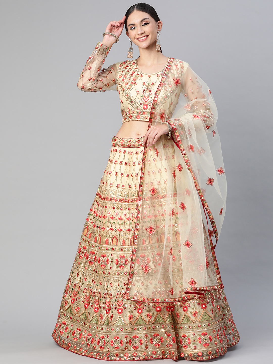

Readiprint Fashions Cream-Coloured & Red Embroidered Mirror Work Unstitched Lehenga & Blouse With Dupatta