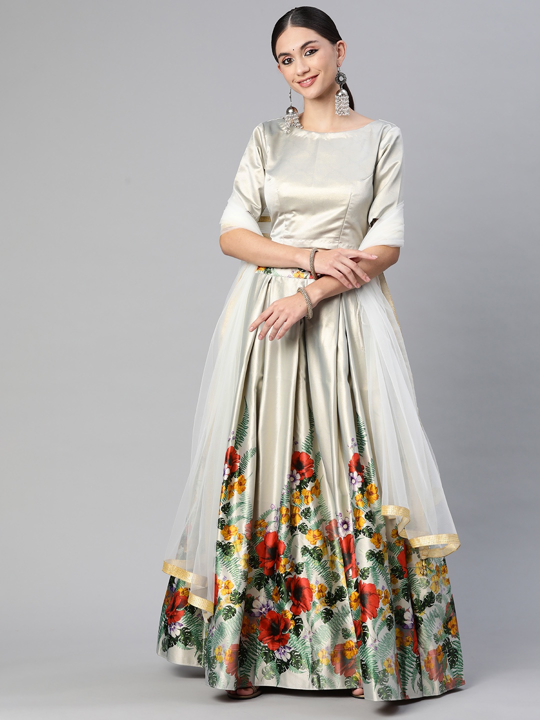 

Readiprint Fashions Grey & Red Unstitched Lehenga & Blouse With Dupatta