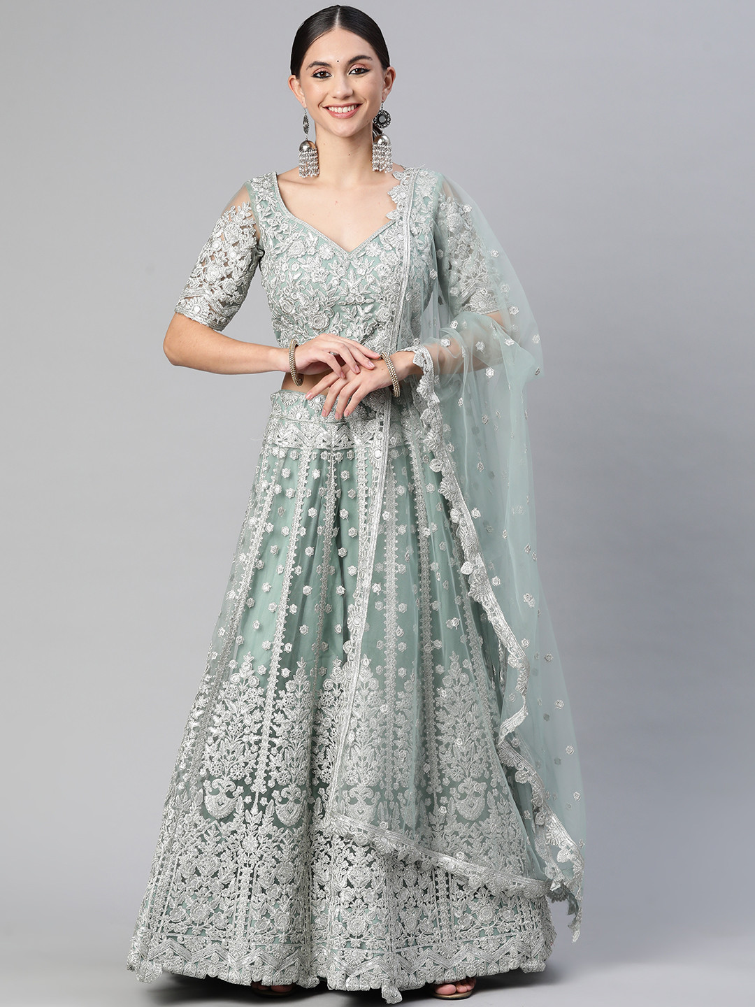 

Readiprint Fashions Green & Silver Embroidered Unstitched Lehenga & Blouse With