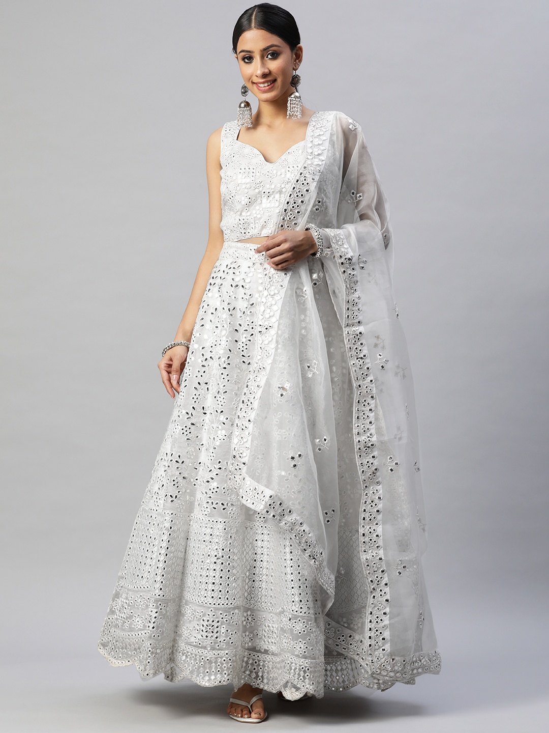 

Readiprint Fashions White Embellished Mirror Work Unstitched Lehenga & Blouse With Dupatta