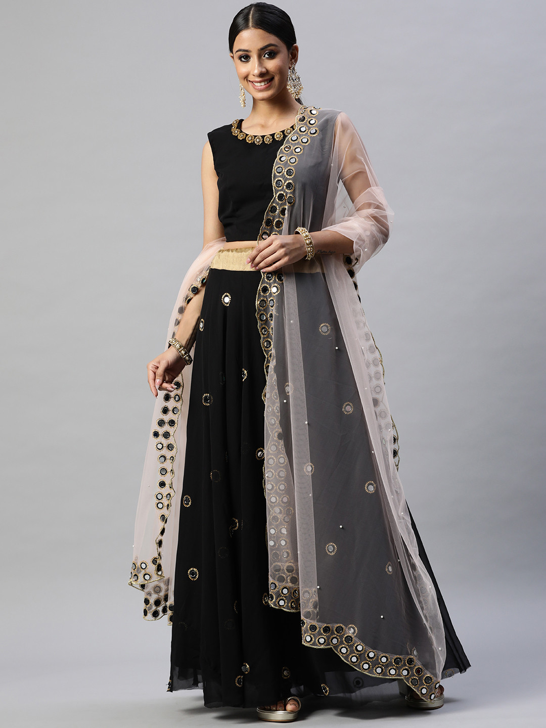 

Readiprint Fashions Black & Peach-Coloured Embellished Mirror Work Unstitched Lehenga & Blouse With Dupatta