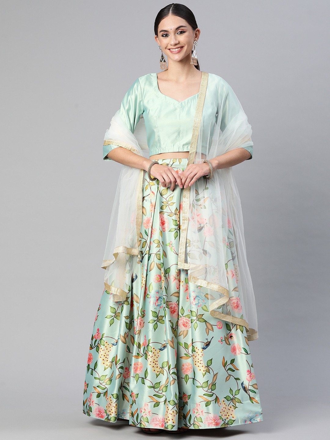 

Readiprint Fashions Green & Peach-Coloured Unstitched Lehenga & Blouse With Dupatta