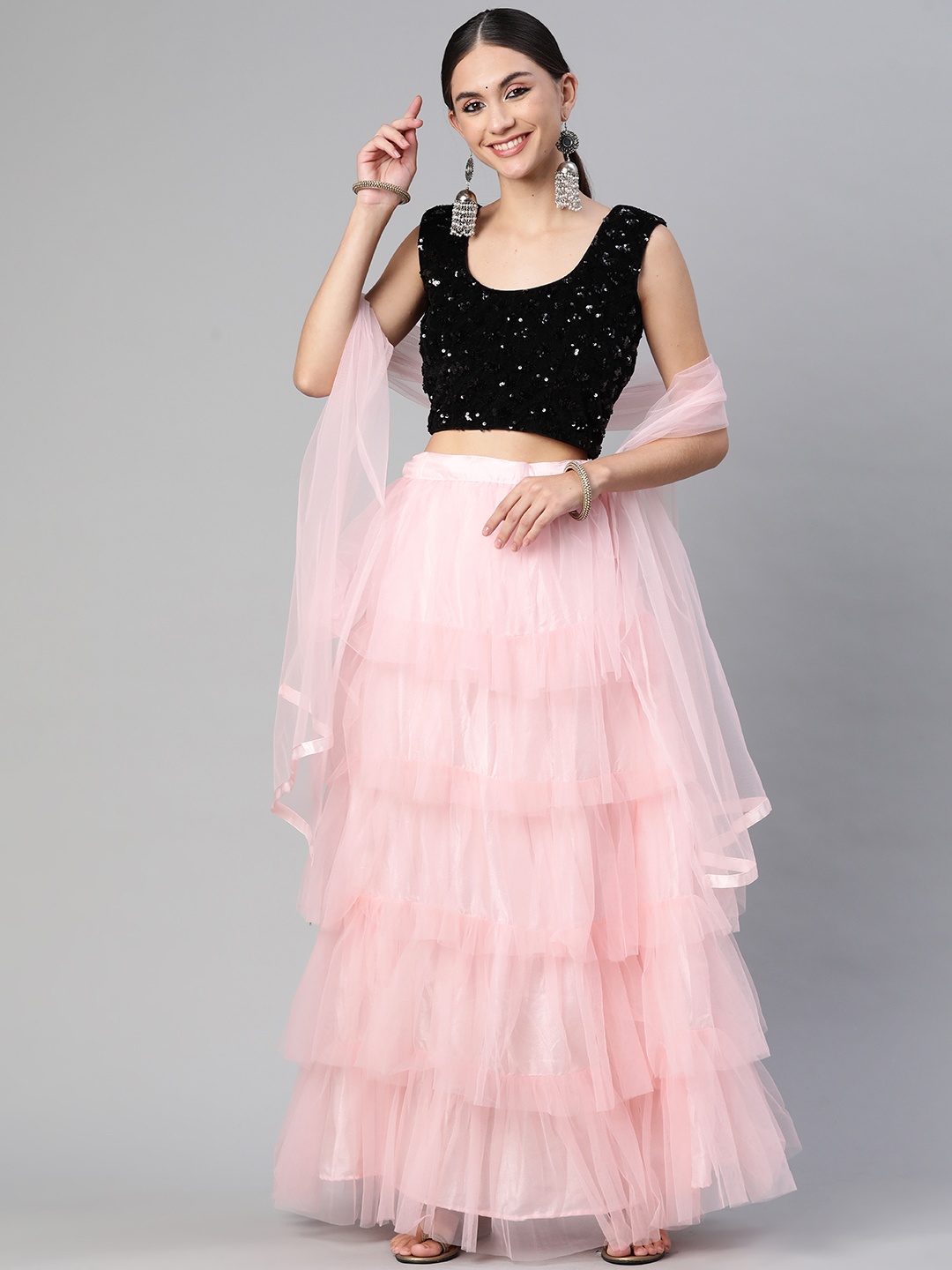 

Readiprint Fashions Peach-Coloured & Black Embellished Sequinned Unstitched Lehenga & Blouse With Dupatta