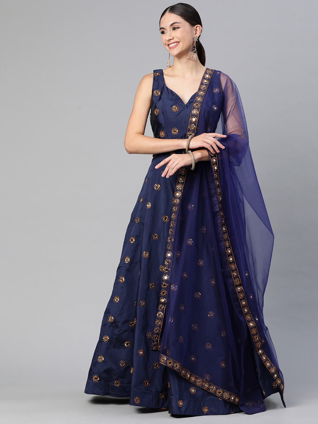 

Readiprint Fashions Navy Blue & Golden Mirror Work Unstitched Lehenga & Blouse & Dupatta