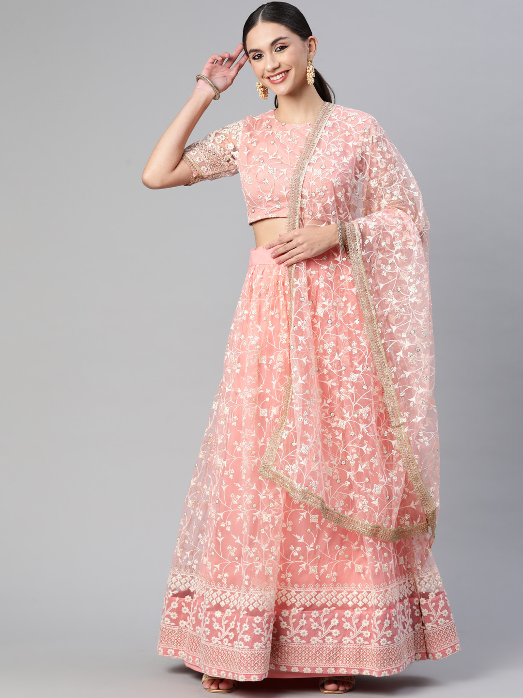 

Readiprint Fashions Pink Embroidered Thread Work Unstitched Lehenga & Blouse With Dupatta