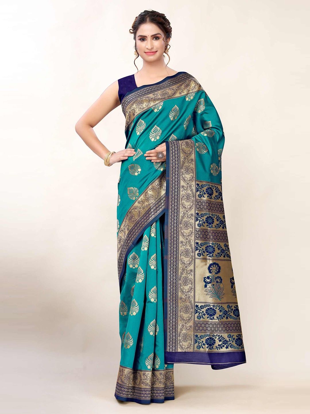 

AADVIKA Green & Blue Floral Zari Banarasi Saree