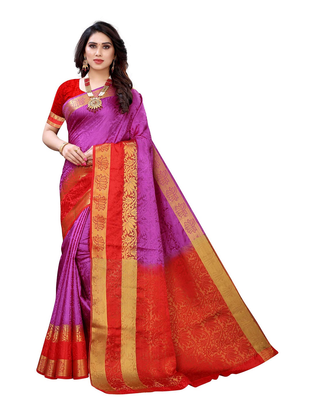 

AADVIKA Purple & Red Woven Design Zari Banarasi Saree
