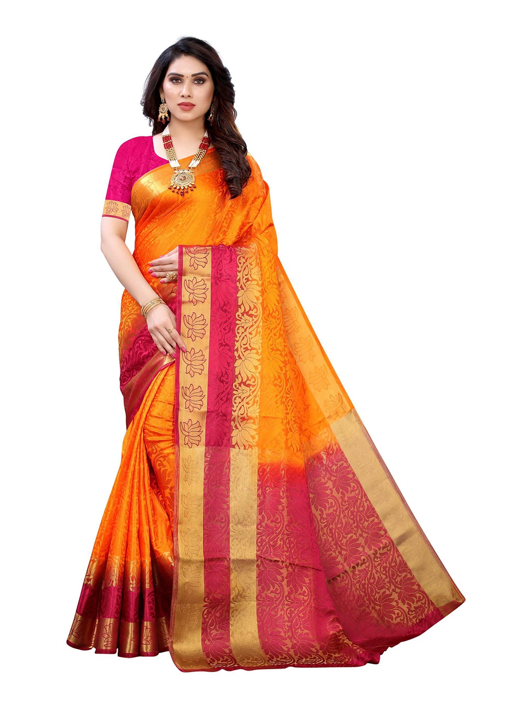 

AADVIKA Orange & Pink Colourblocked Zari Banarasi Saree